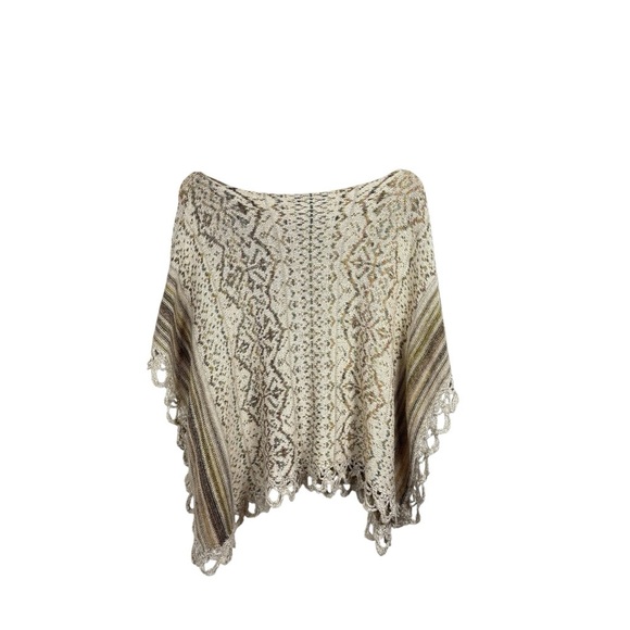 Free People Casablanca Fringe Knit Wool/Linen/Silk/Alpaca Poncho Ivory Multi S - Picture 11 of 13